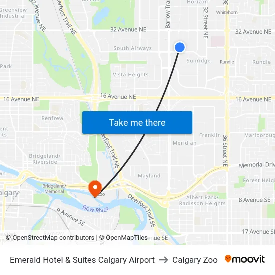 Emerald Hotel & Suites Calgary Airport to Calgary Zoo map
