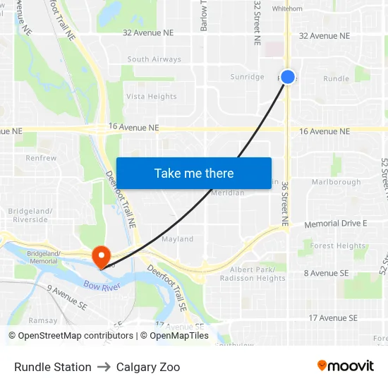 Rundle Station to Calgary Zoo map