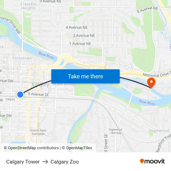 Calgary Tower to Calgary Zoo map