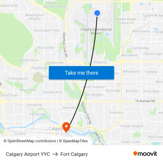 Calgary Airport YYC to Fort Calgary map