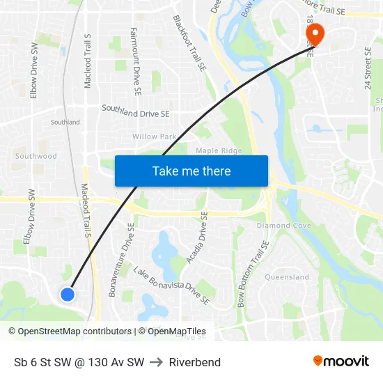 Sb 6 St SW @ 130 Av SW to Riverbend map