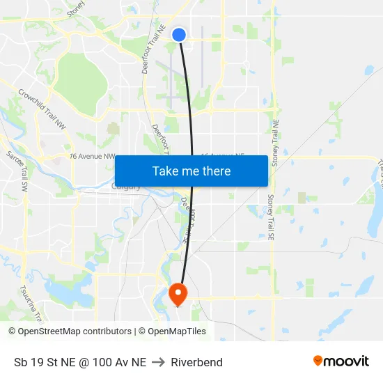 Sb 19 St NE @ 100 Av NE to Riverbend map