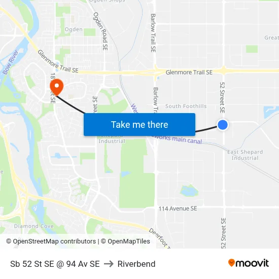 Sb 52 St SE @ 94 Av SE to Riverbend map