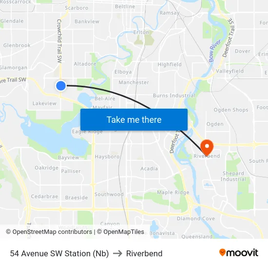 54 Avenue SW Station (Nb) to Riverbend map