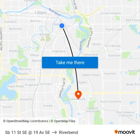 Sb 11 St SE @ 19 Av SE to Riverbend map