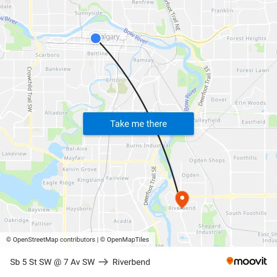 Sb 5 St SW @ 7 Av SW to Riverbend map