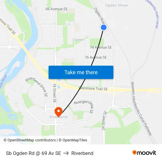 Sb Ogden Rd @ 69 Av SE to Riverbend map