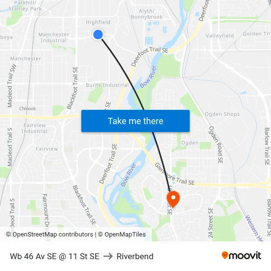 Wb 46 Av SE @ 11 St SE to Riverbend map