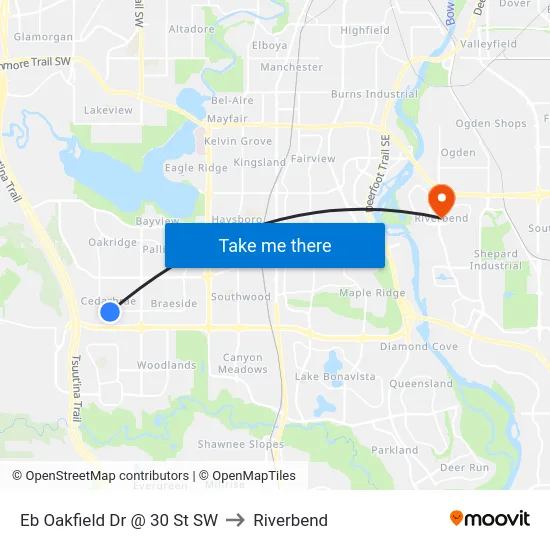 Eb Oakfield Dr @ 30 St SW to Riverbend map