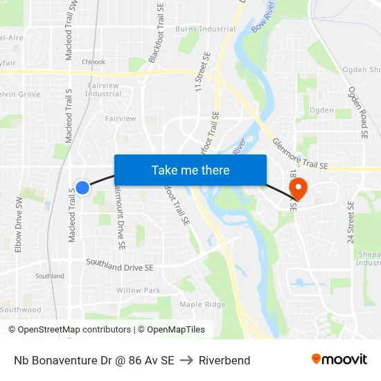 Nb Bonaventure Dr @ 86 Av SE to Riverbend map