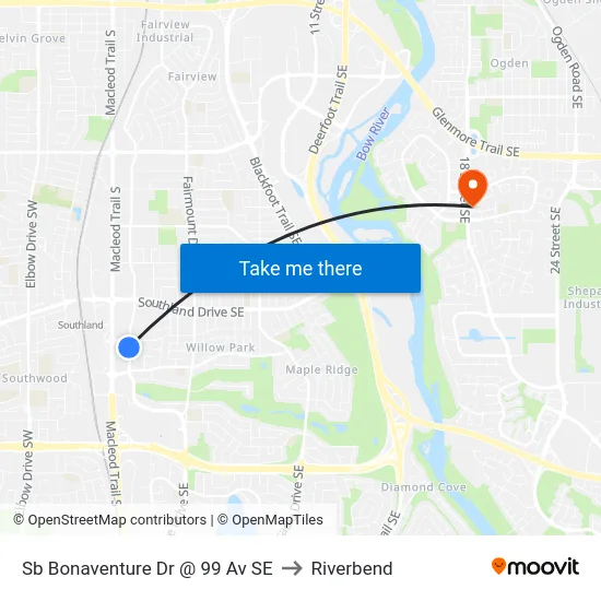 Sb Bonaventure Dr @ 99 Av SE to Riverbend map