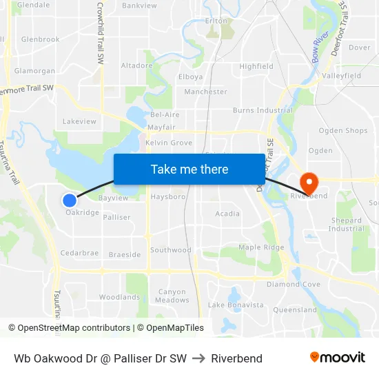 Wb Oakwood Dr @ Palliser Dr SW to Riverbend map