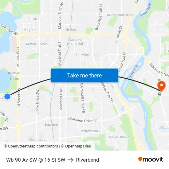 Wb 90 Av SW @ 16 St SW to Riverbend map