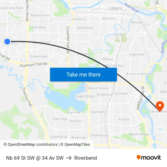 Nb 69 St SW @ 34 Av SW to Riverbend map
