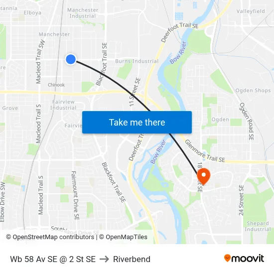 Wb 58 Av SE @ 2 St SE to Riverbend map