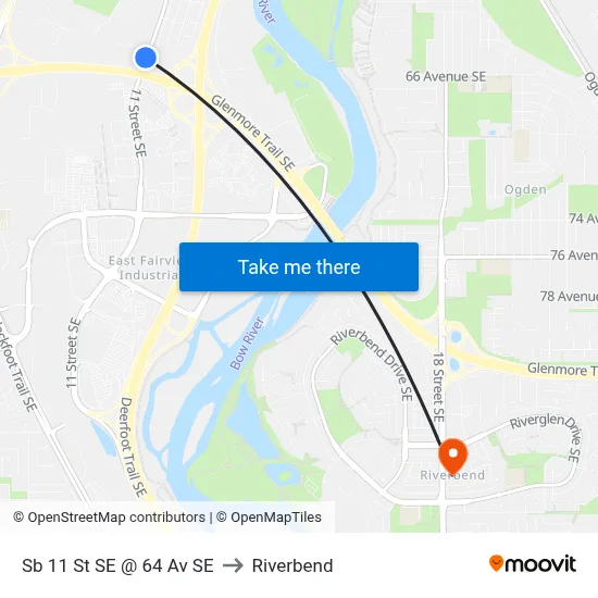 Sb 11 St SE @ 64 Av SE to Riverbend map