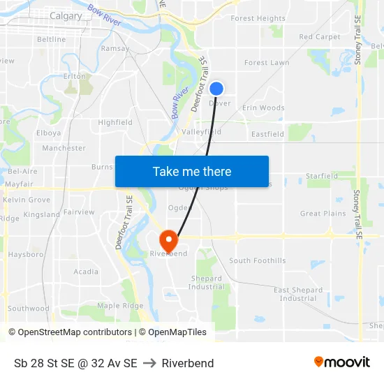 Sb 28 St SE @ 32 Av SE to Riverbend map