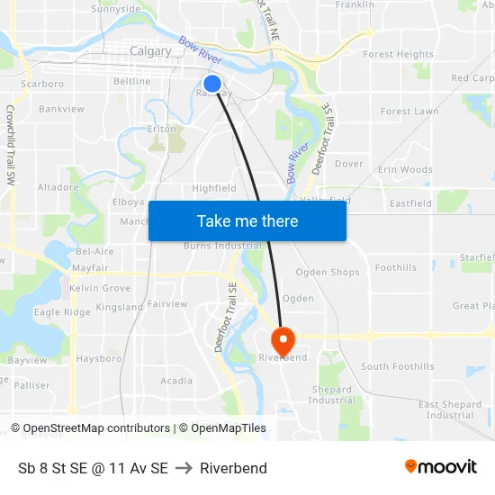 Sb 8 St SE @ 11 Av SE to Riverbend map