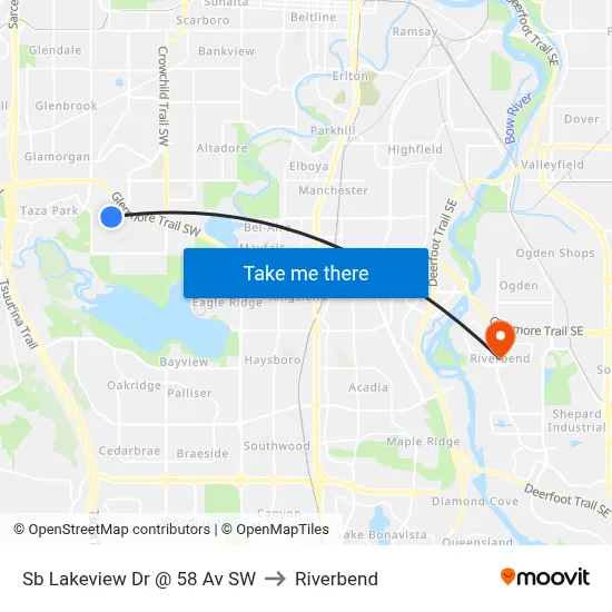 Sb Lakeview Dr @ 58 Av SW to Riverbend map