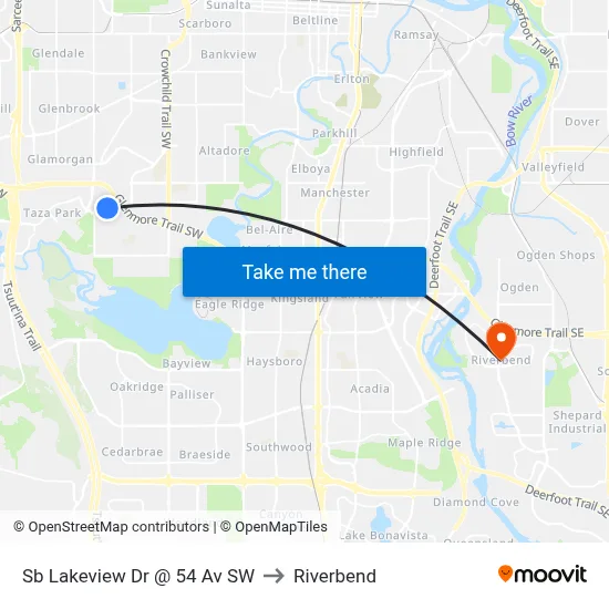 Sb Lakeview Dr @ 54 Av SW to Riverbend map