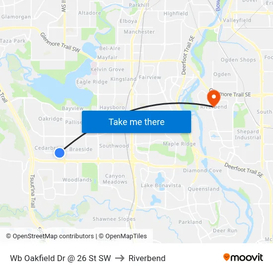Wb Oakfield Dr @ 26 St SW to Riverbend map