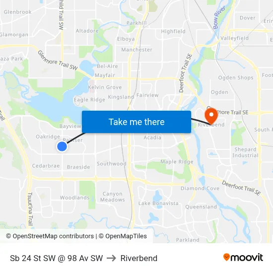 Sb 24 St SW @ 98 Av SW to Riverbend map