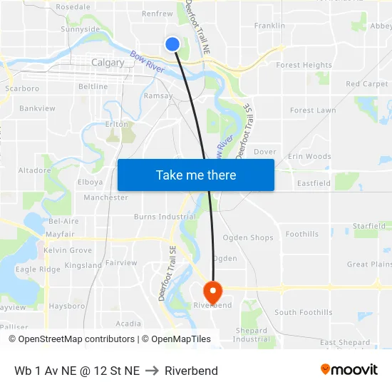 Wb 1 Av NE @ 12 St NE to Riverbend map