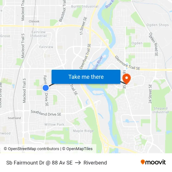 Sb Fairmount Dr @ 88 Av SE to Riverbend map