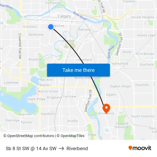 Sb 8 St SW @ 14 Av SW to Riverbend map