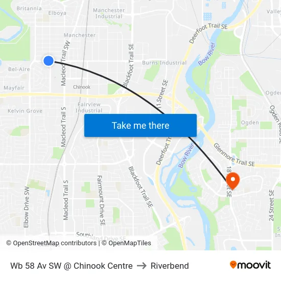 Wb 58 Av SW @ Chinook Centre to Riverbend map