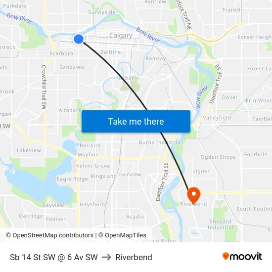 Sb 14 St SW @ 6 Av SW to Riverbend map