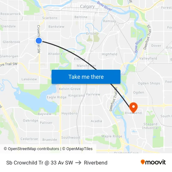 Sb Crowchild Tr @ 33 Av SW to Riverbend map