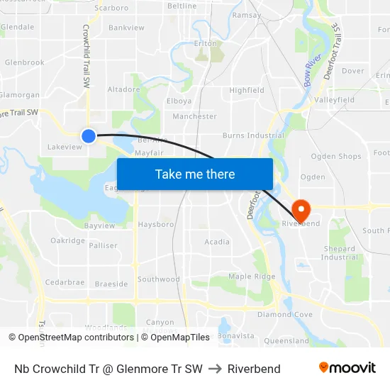 Nb Crowchild Tr @ Glenmore Tr SW to Riverbend map