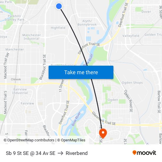 Sb 9 St SE @ 34 Av SE to Riverbend map