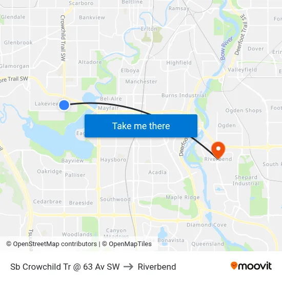 Sb Crowchild Tr @ 63 Av SW to Riverbend map