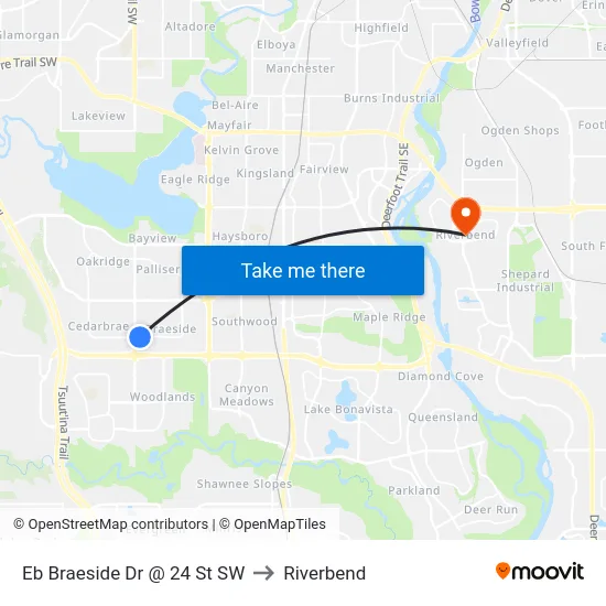 Eb Braeside Dr @ 24 St SW to Riverbend map