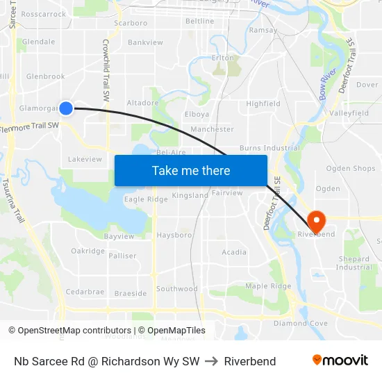 Nb Sarcee Rd @ Richardson Wy SW to Riverbend map