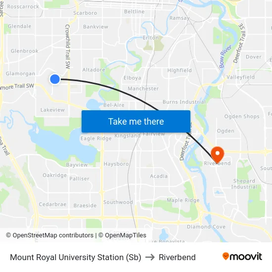 Mount Royal University Station (Sb) to Riverbend map