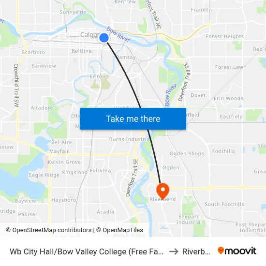Wb City Hall/Bow Valley College (Free Fare Zone) to Riverbend map