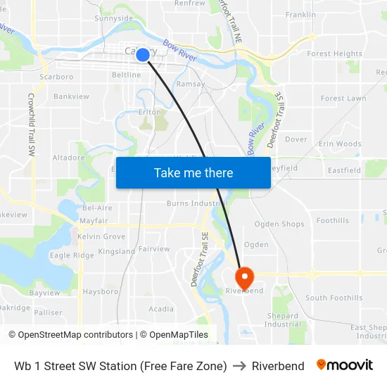 Wb 1 Street SW Station (Free Fare Zone) to Riverbend map