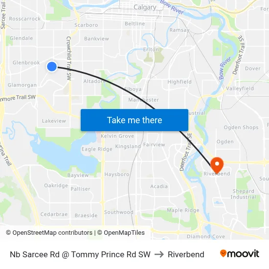 Nb Sarcee Rd @ Tommy Prince Rd SW to Riverbend map