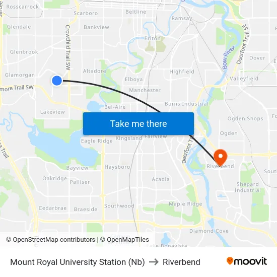 Mount Royal University Station (Nb) to Riverbend map