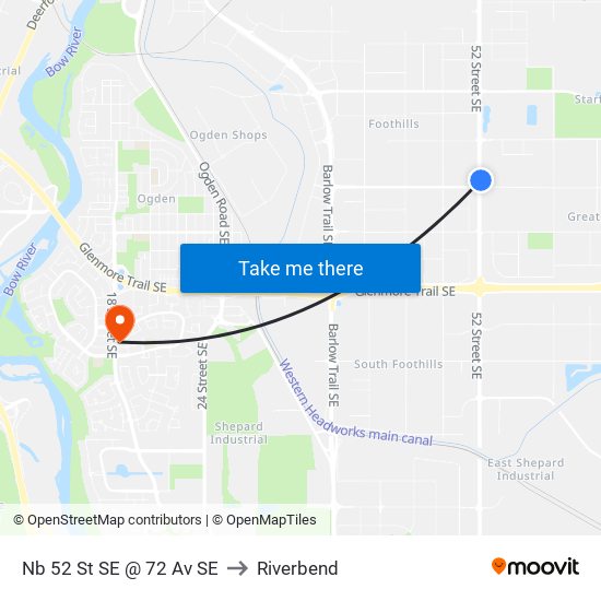 Nb 52 St SE @ 72 Av SE to Riverbend map