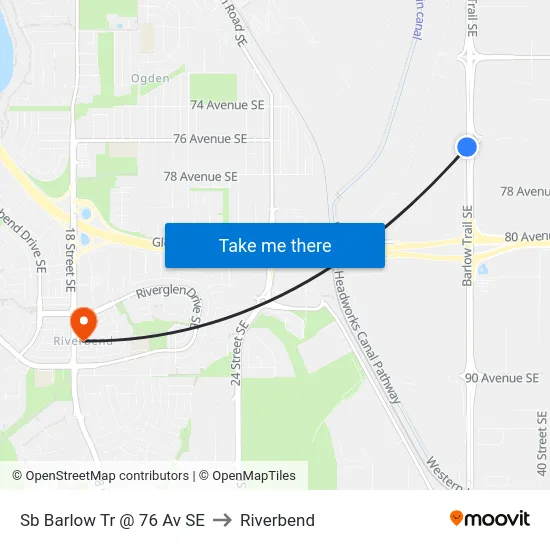 Sb Barlow Tr @ 76 Av SE to Riverbend map