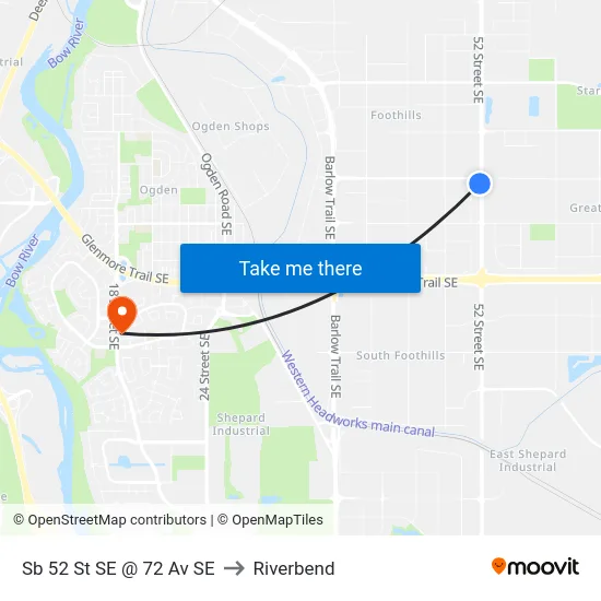 Sb 52 St SE @ 72 Av SE to Riverbend map