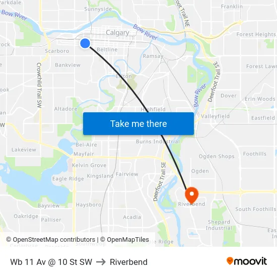 Wb 11 Av @ 10 St SW to Riverbend map