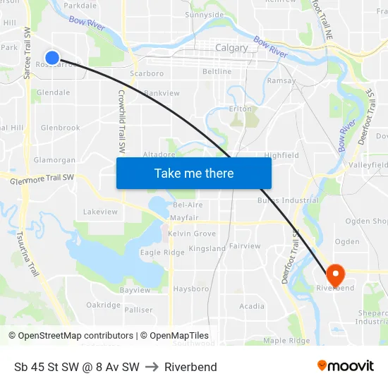 Sb 45 St SW @ 8 Av SW to Riverbend map
