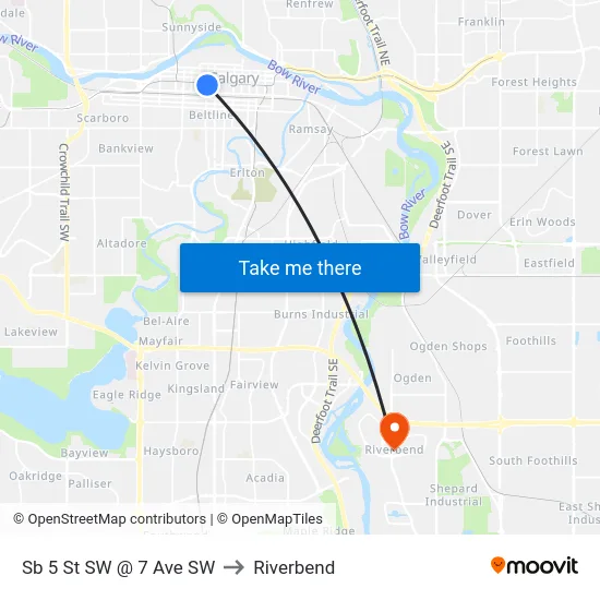 Sb 5 St SW @ 7 Ave SW to Riverbend map