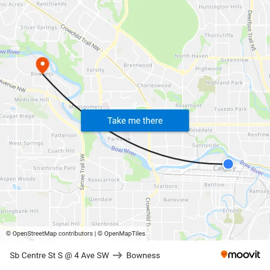 Sb Centre St S @ 4 Ave SW to Bowness map
