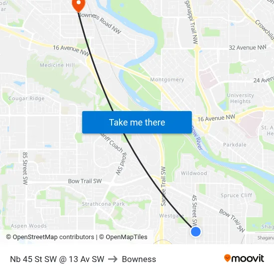 Nb 45 St SW @ 13 Av SW to Bowness map